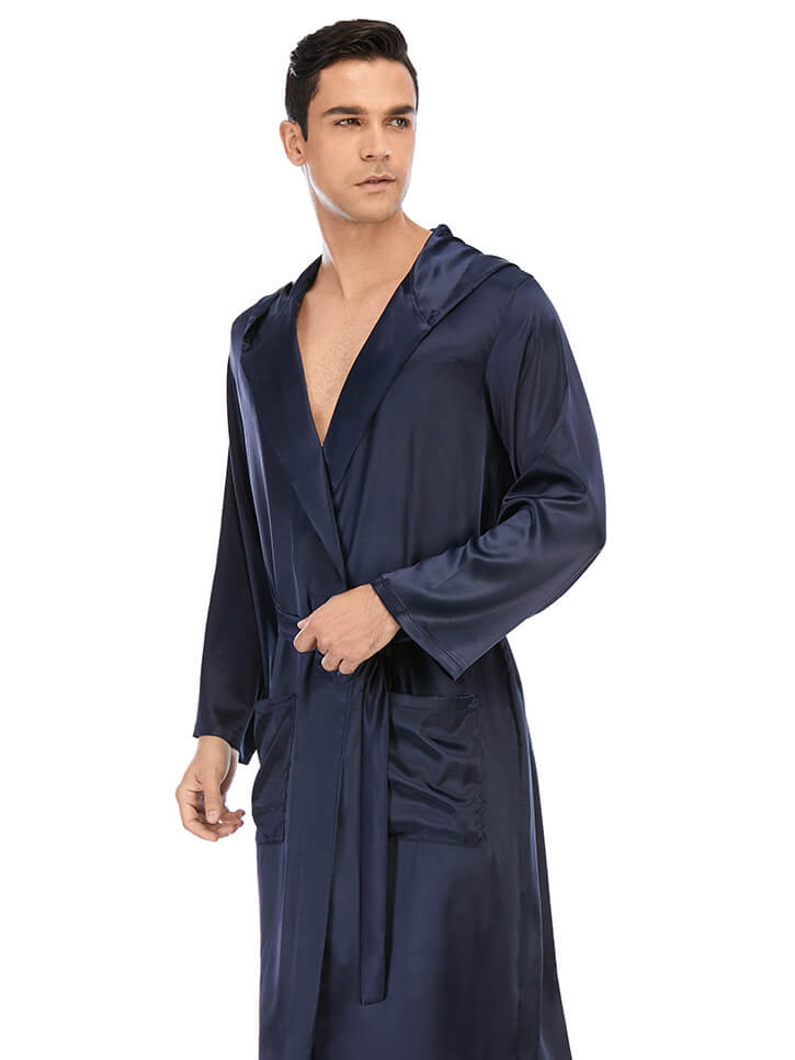 22 Momme Men's Hooded Long Silk Robe with Belt and Pockets