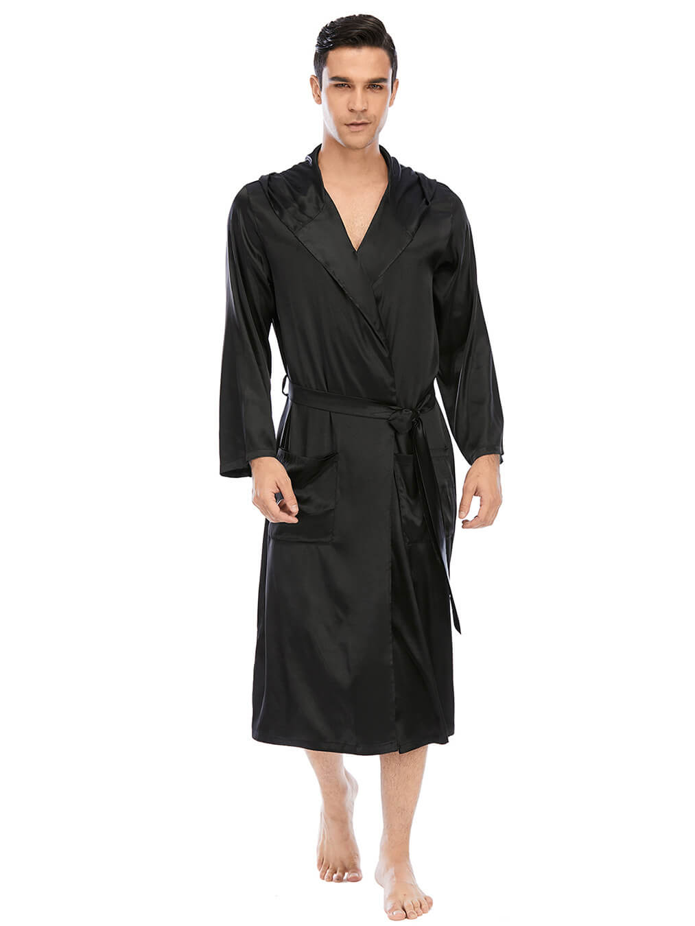 22 Momme Men's Hooded Long Silk Robe with Belt and Pockets