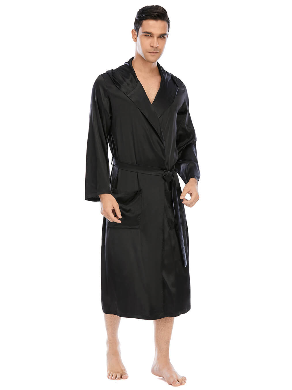 22 Momme Men's Hooded Long Silk Robe with Belt and Pockets