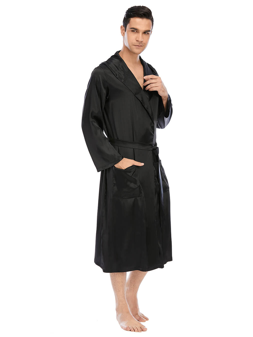 22 Momme Men's Hooded Long Silk Robe with Belt and Pockets