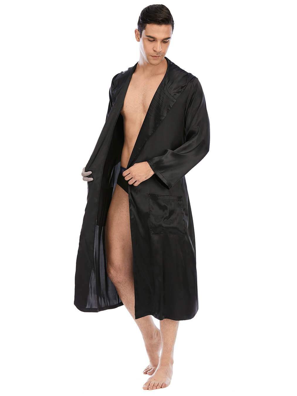 22 Momme Men's Hooded Long Silk Robe with Belt and Pockets