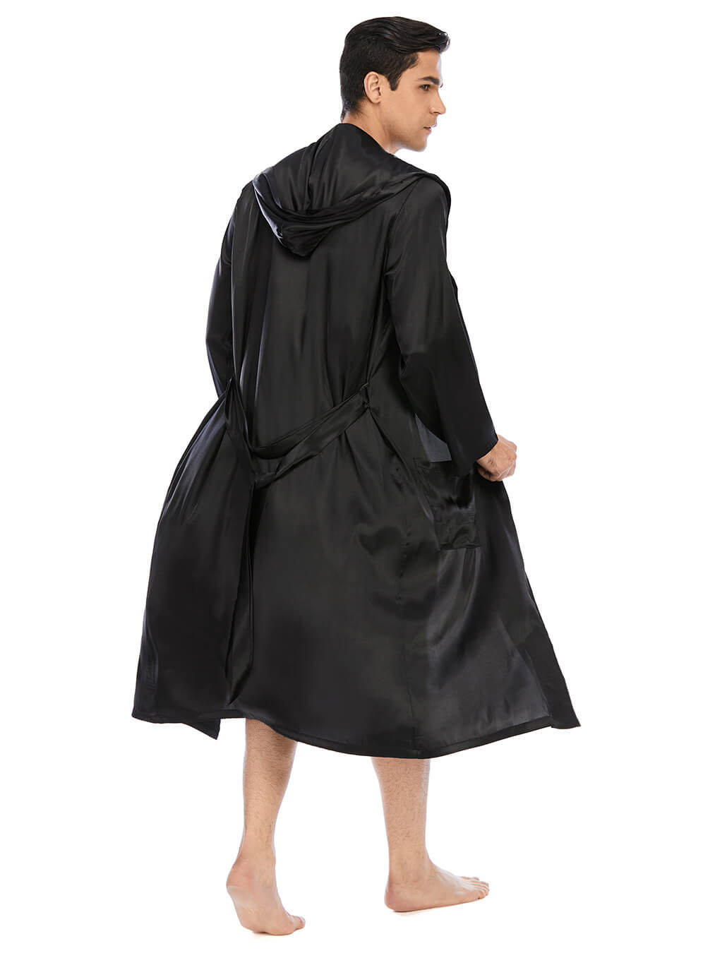 22 Momme Men's Hooded Long Silk Robe with Belt and Pockets