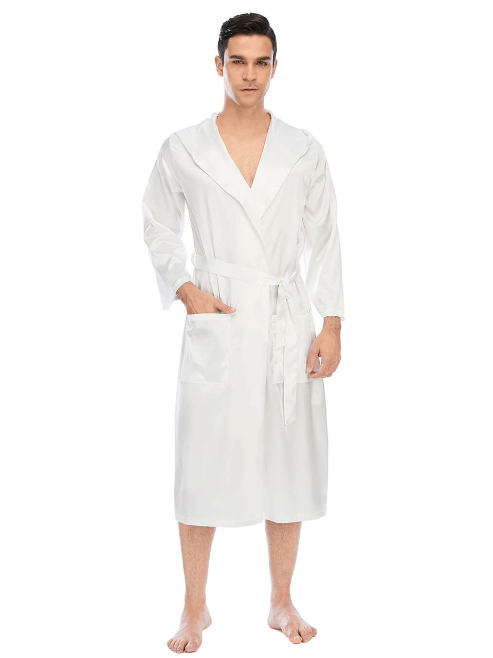 22 Momme Men's Hooded Long Silk Robe with Belt and Pockets