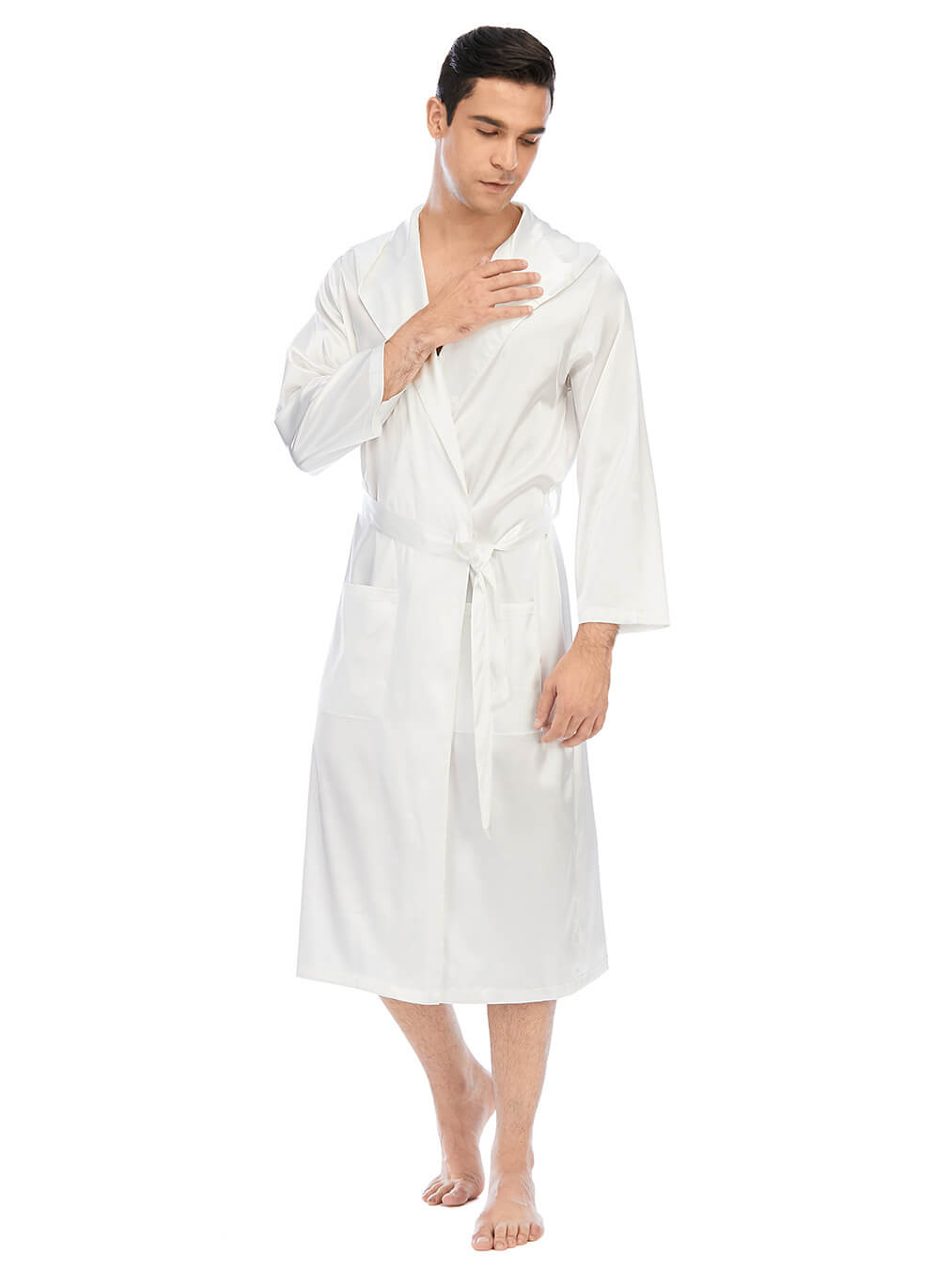 22 Momme Men's Hooded Long Silk Robe with Belt and Pockets