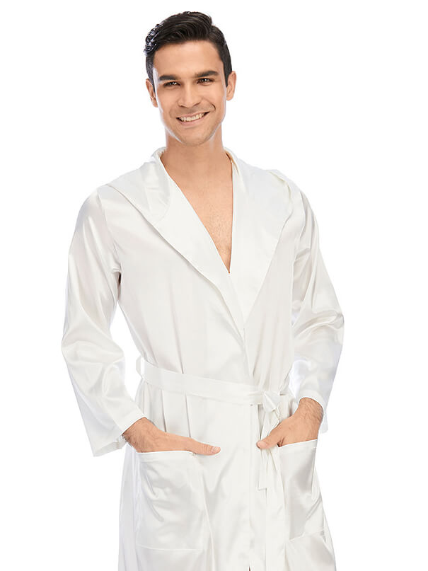 22 Momme Men's Hooded Long Silk Robe with Belt and Pockets
