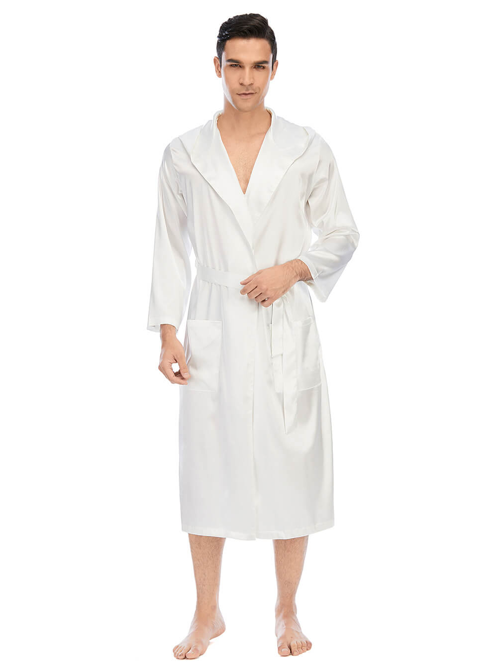 22 Momme Men's Hooded Long Silk Robe with Belt and Pockets