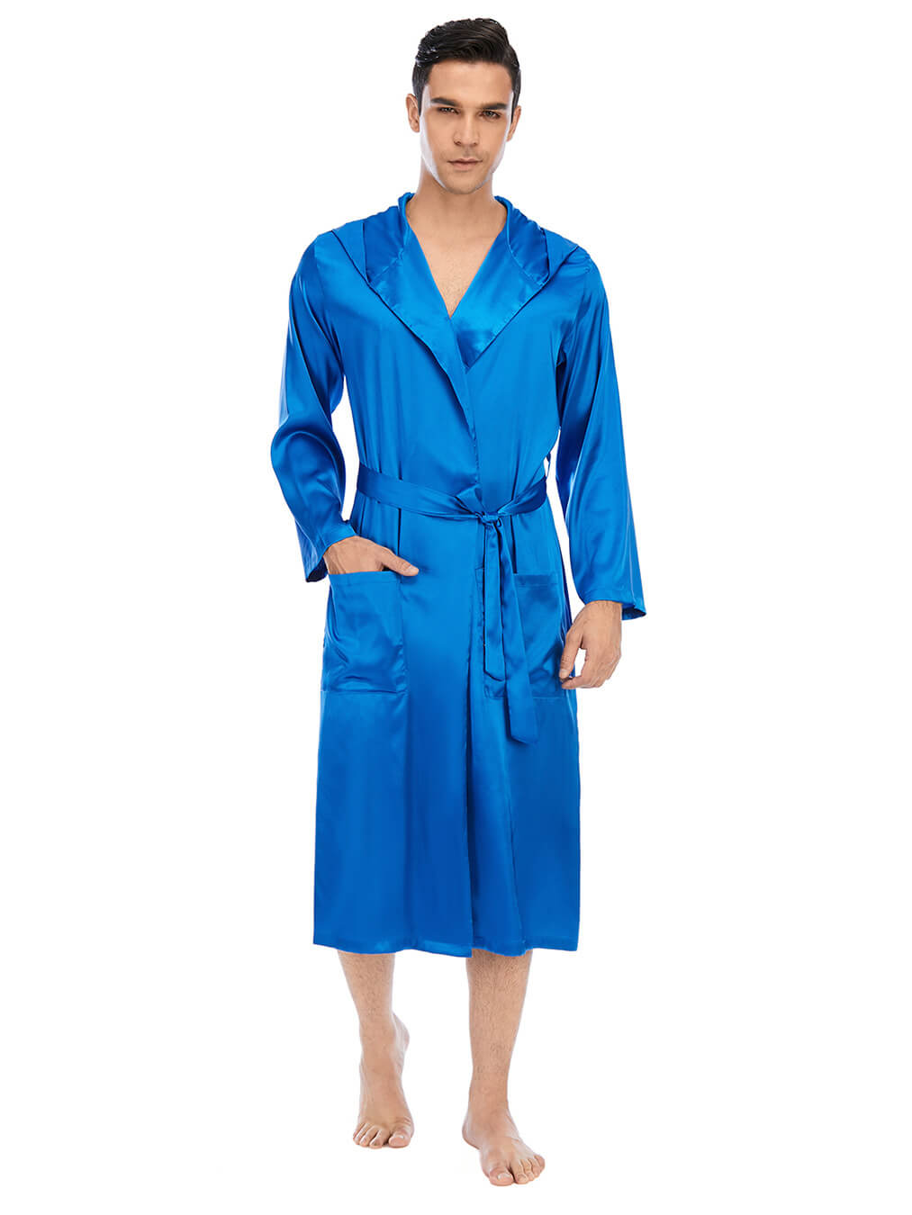 22 Momme Men's Hooded Long Silk Robe with Belt and Pockets