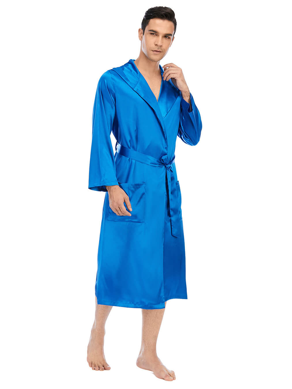 22 Momme Men's Hooded Long Silk Robe with Belt and Pockets