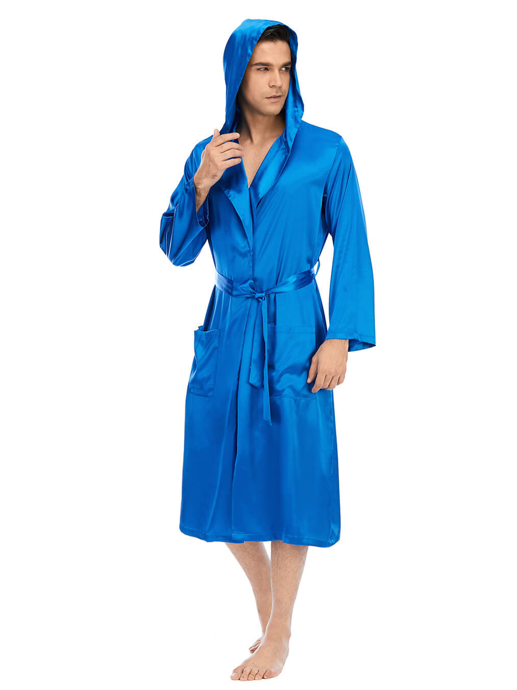 22 Momme Men's Hooded Long Silk Robe with Belt and Pockets