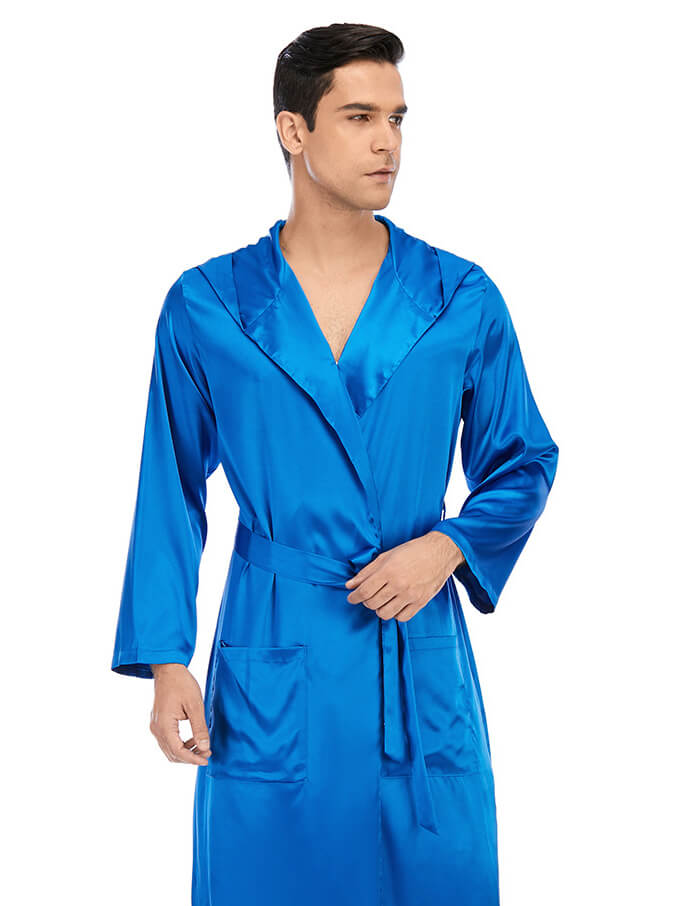 22 Momme Men's Hooded Long Silk Robe with Belt and Pockets