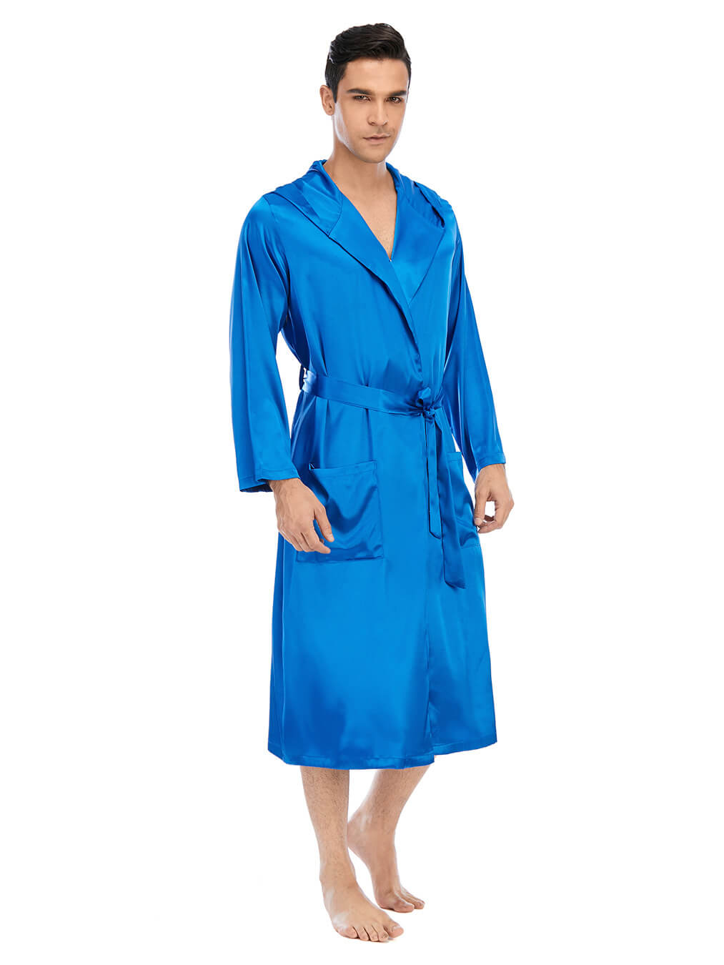 22 Momme Men's Hooded Long Silk Robe with Belt and Pockets