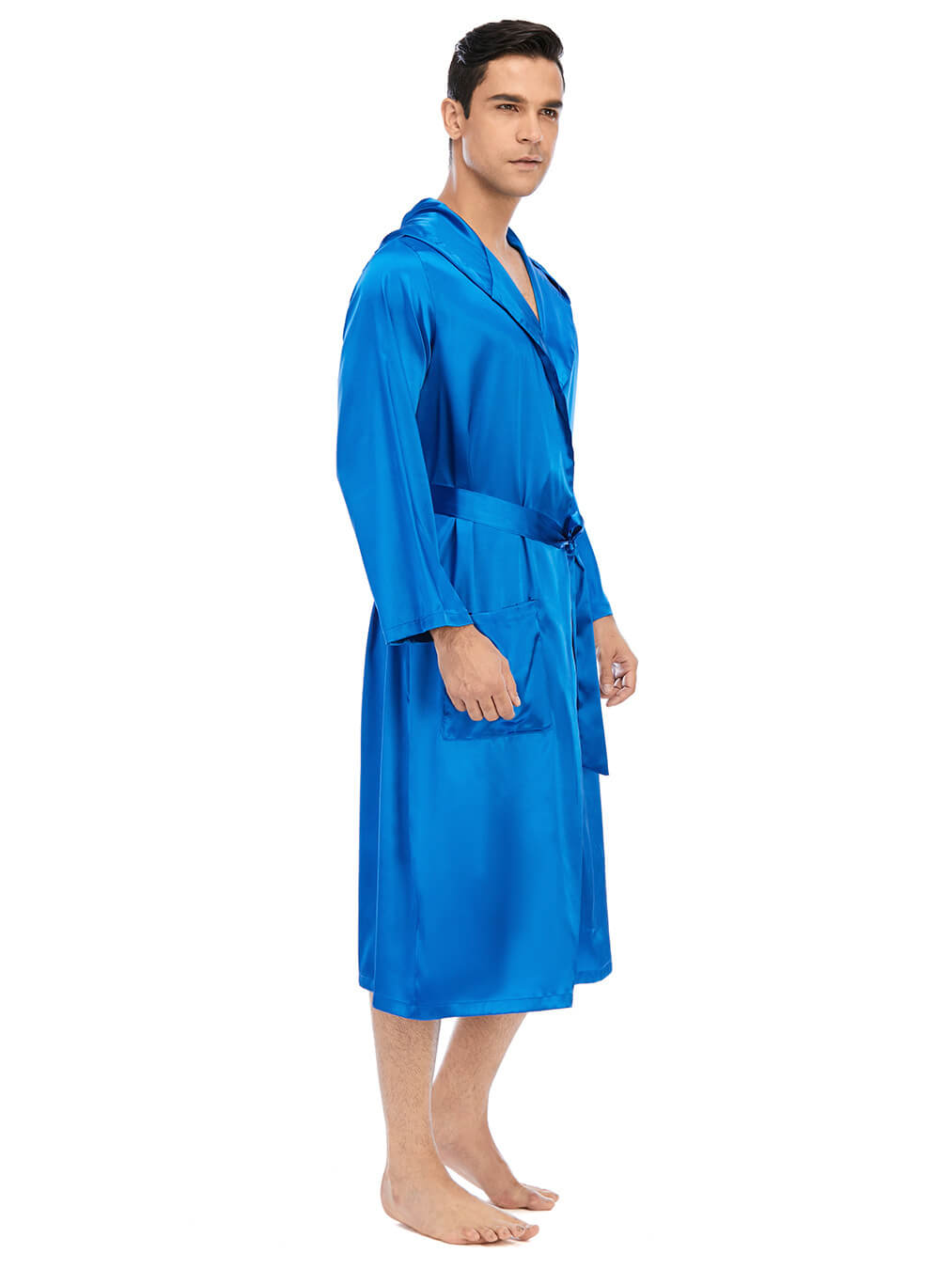 22 Momme Men's Hooded Long Silk Robe with Belt and Pockets