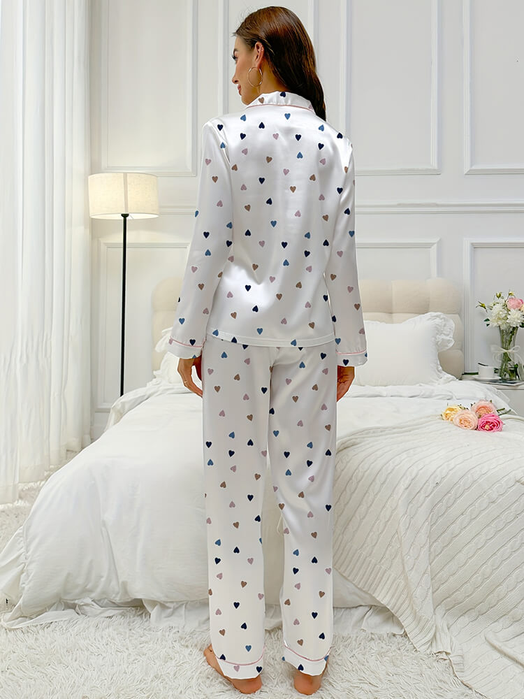 22 Momme Romantic Love Prints Women Long White Silk Pajama Set