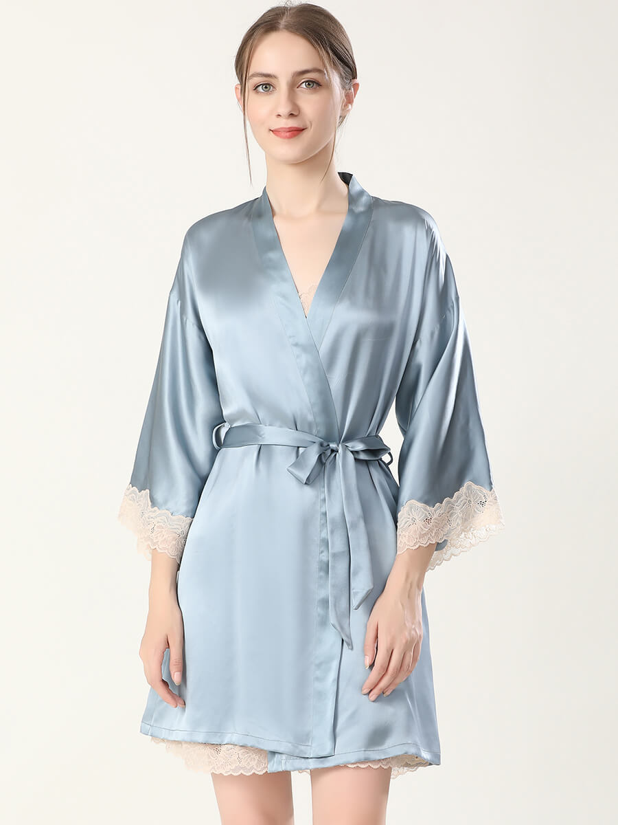 22 Momme Silk Lace-Trim Chemise and Kimono Robe Set