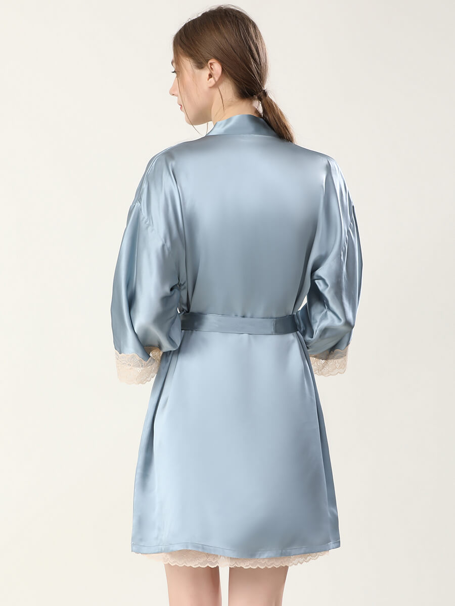 22 Momme Silk Lace-Trim Chemise and Kimono Robe Set