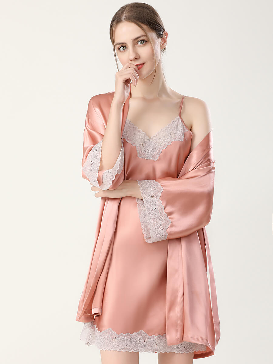 22 Momme Silk Lace-Trim Chemise and Kimono Robe Set