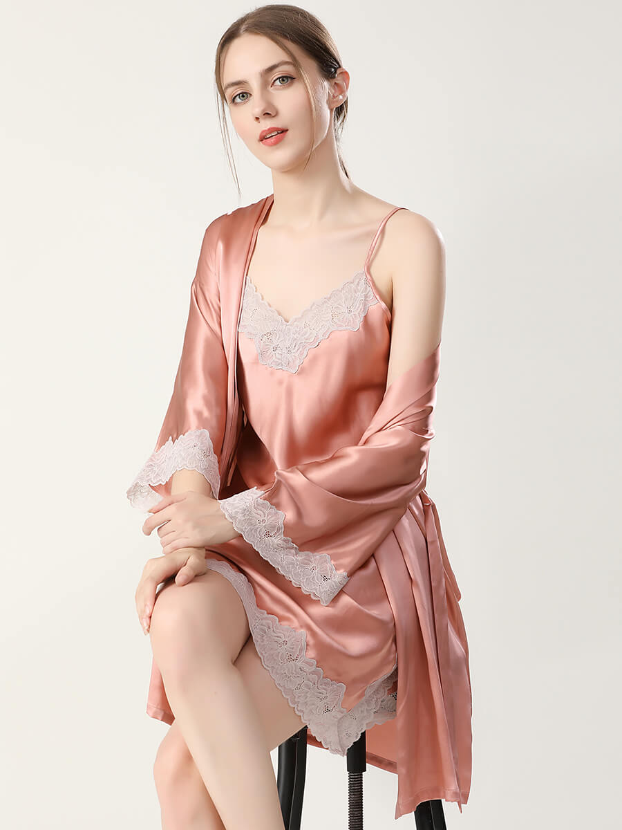 22 Momme Silk Lace-Trim Chemise and Kimono Robe Set