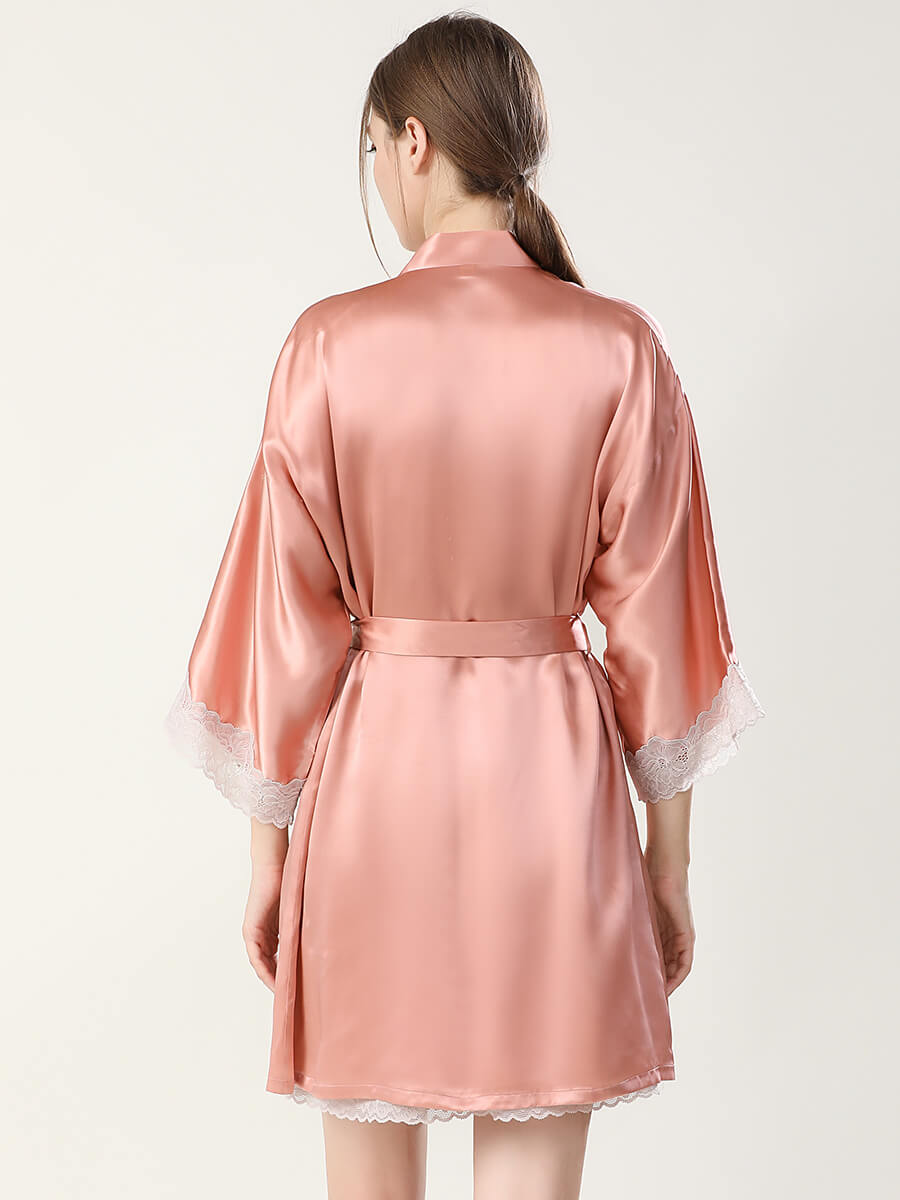 22 Momme Silk Lace-Trim Chemise and Kimono Robe Set