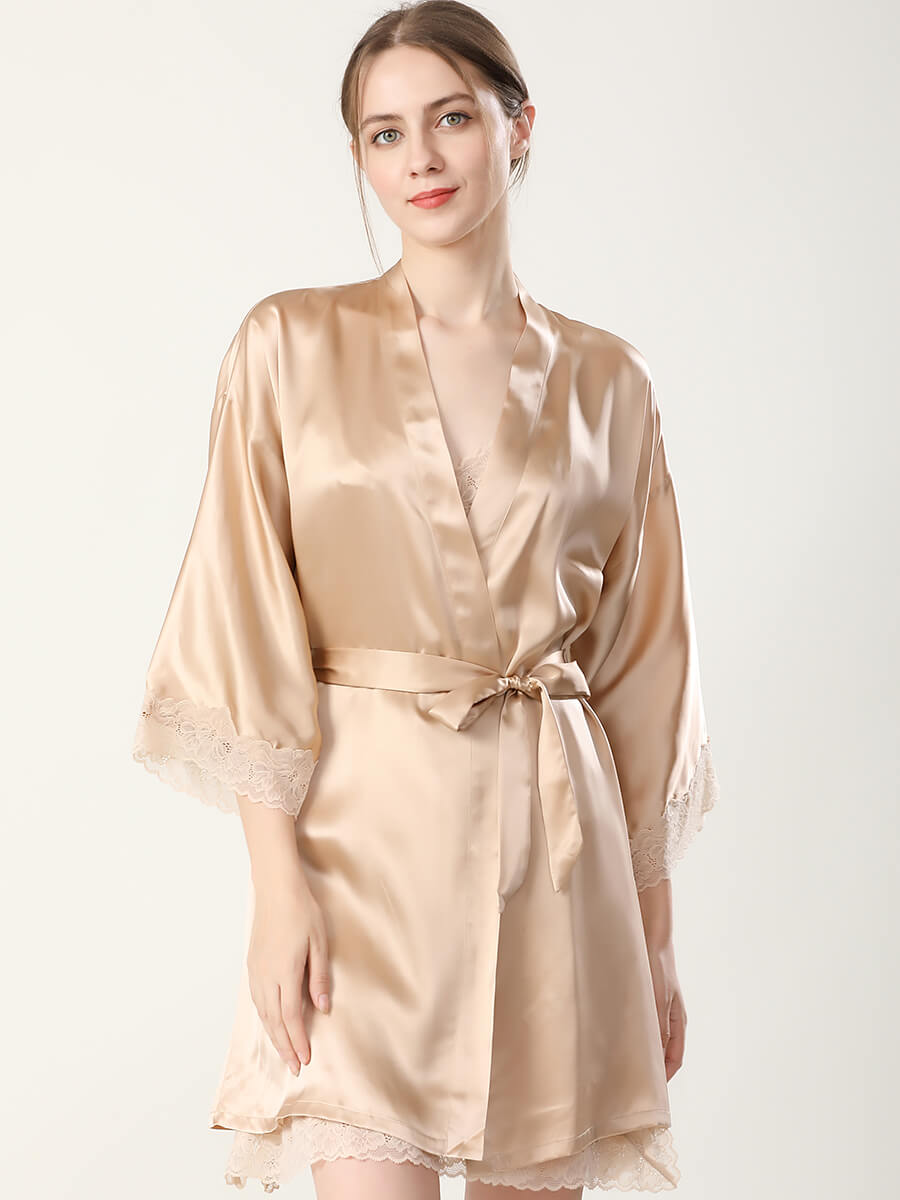 22 Momme Silk Lace-Trim Chemise and Kimono Robe Set