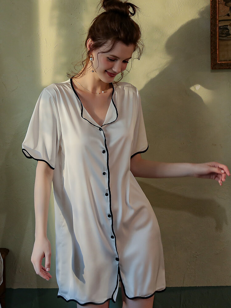 22 Momme Contrast Piped Women Short Sleeve Silk Nightshirt