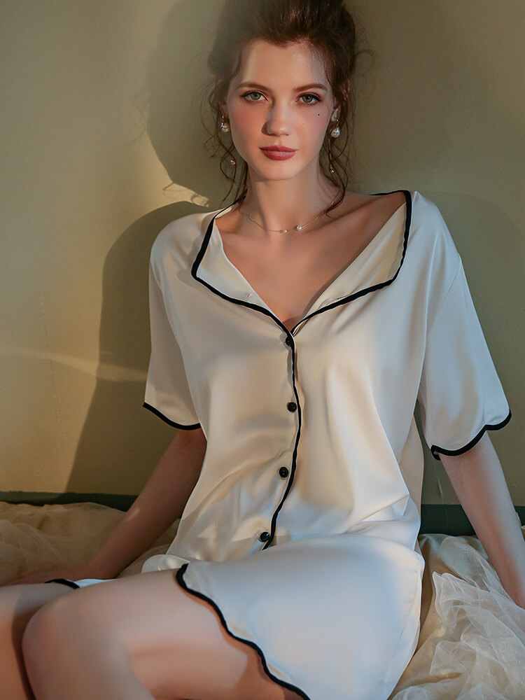 22 Momme Contrast Piped Women Short Sleeve Silk Nightshirt
