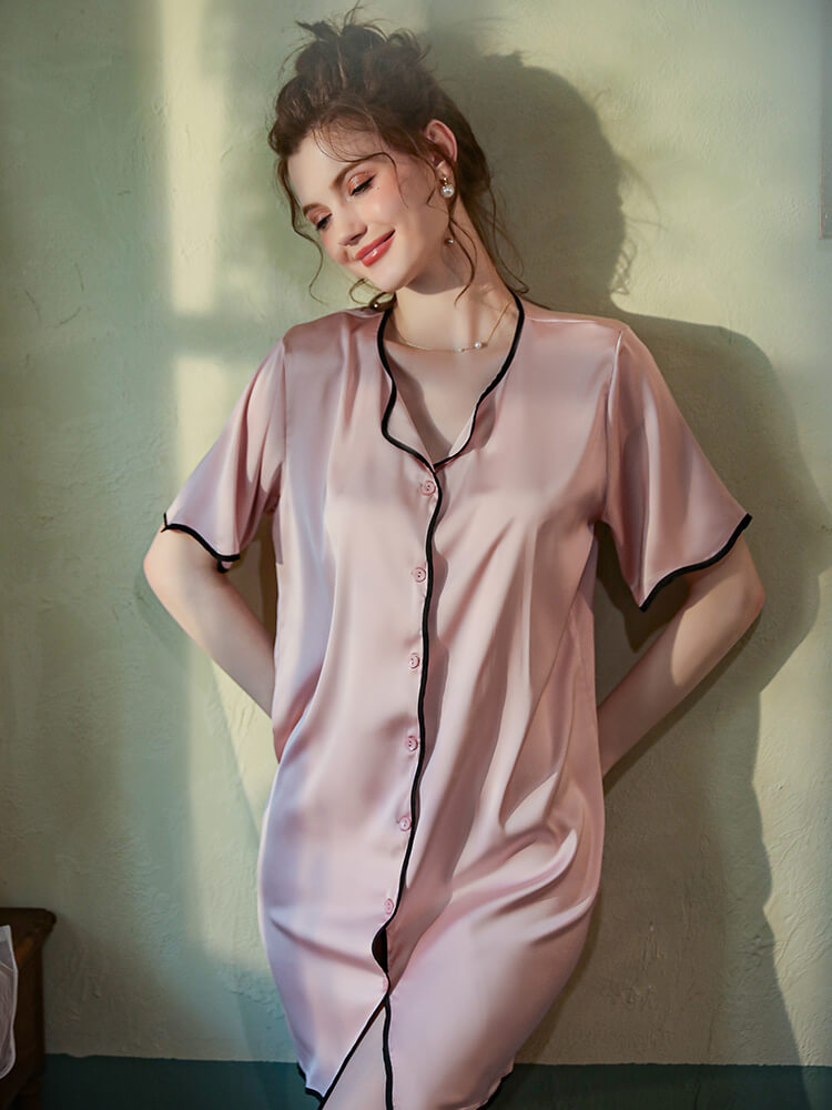 22 Momme Contrast Piped Women Short Sleeve Silk Nightshirt
