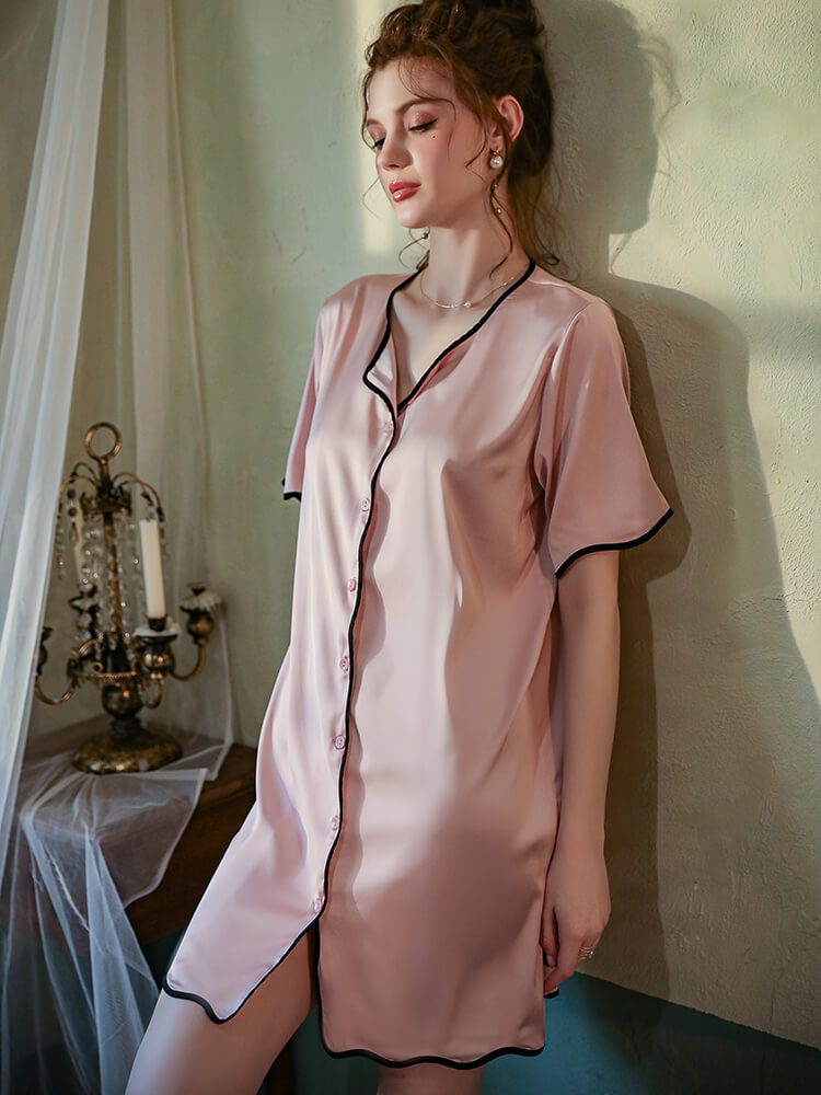 22 Momme Contrast Piped Women Short Sleeve Silk Nightshirt