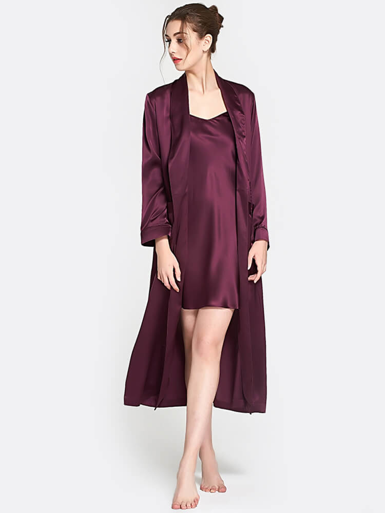 22 Momme Mulberry Silk Chemise and Robe Two-Piece Sleepwear Set