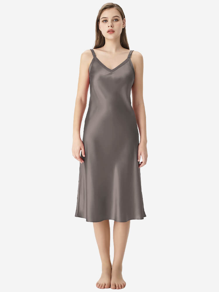 22 Momme Comfortable Wide-Strap V-Neck Midi Silk Slip Nightgown