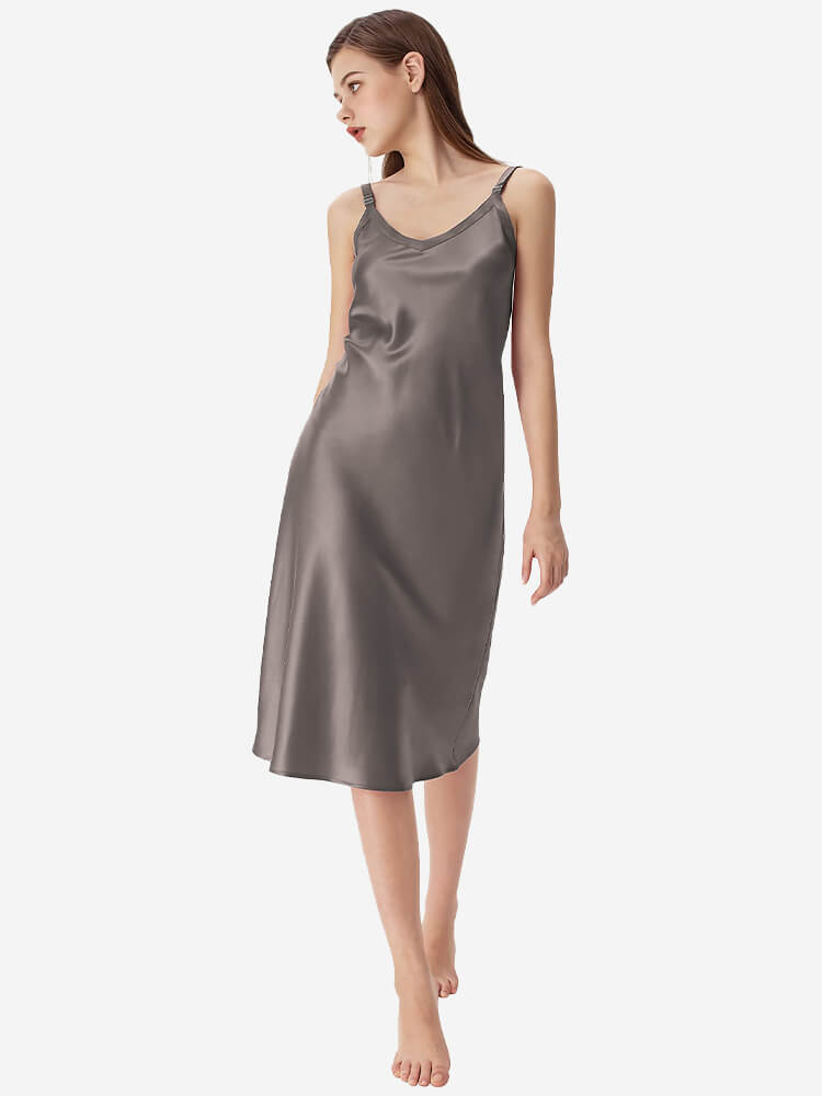 22 Momme Comfortable Wide-Strap V-Neck Midi Silk Slip Nightgown