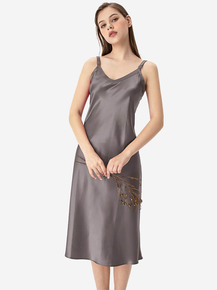 22 Momme Comfortable Wide-Strap V-Neck Midi Silk Slip Nightgown