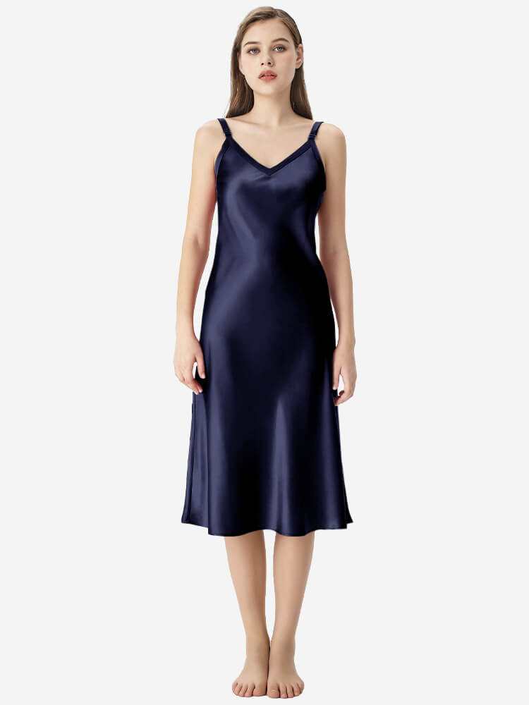 22 Momme Comfortable Wide-Strap V-Neck Midi Silk Slip Nightgown