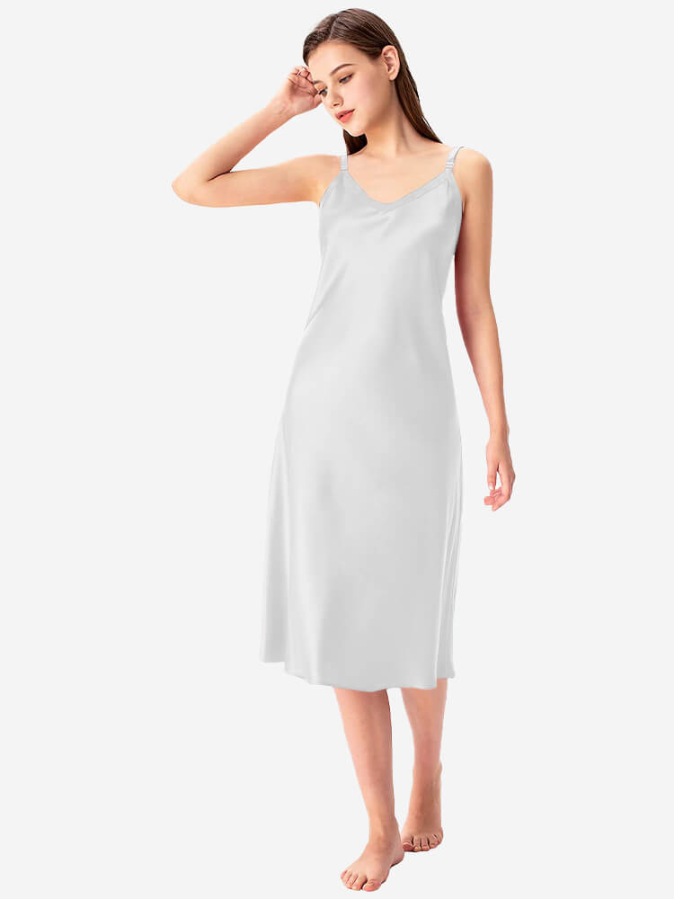 22 Momme Comfortable Wide-Strap V-Neck Midi Silk Slip Nightgown