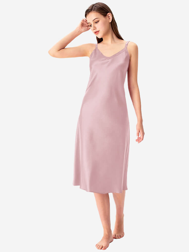 22 Momme Comfortable Wide-Strap V-Neck Midi Silk Slip Nightgown