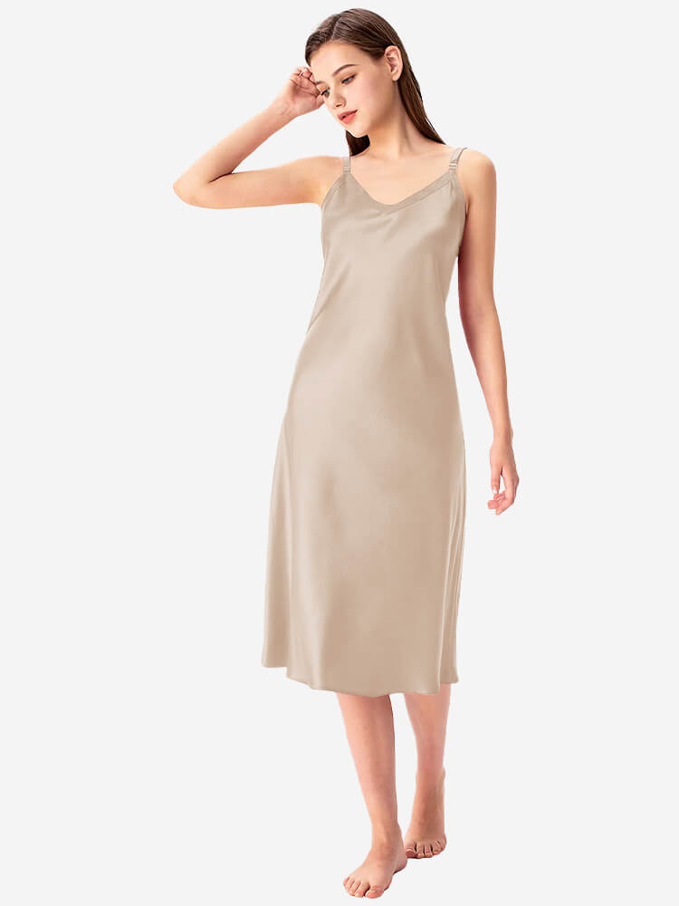 22 Momme Comfortable Wide-Strap V-Neck Midi Silk Slip Nightgown