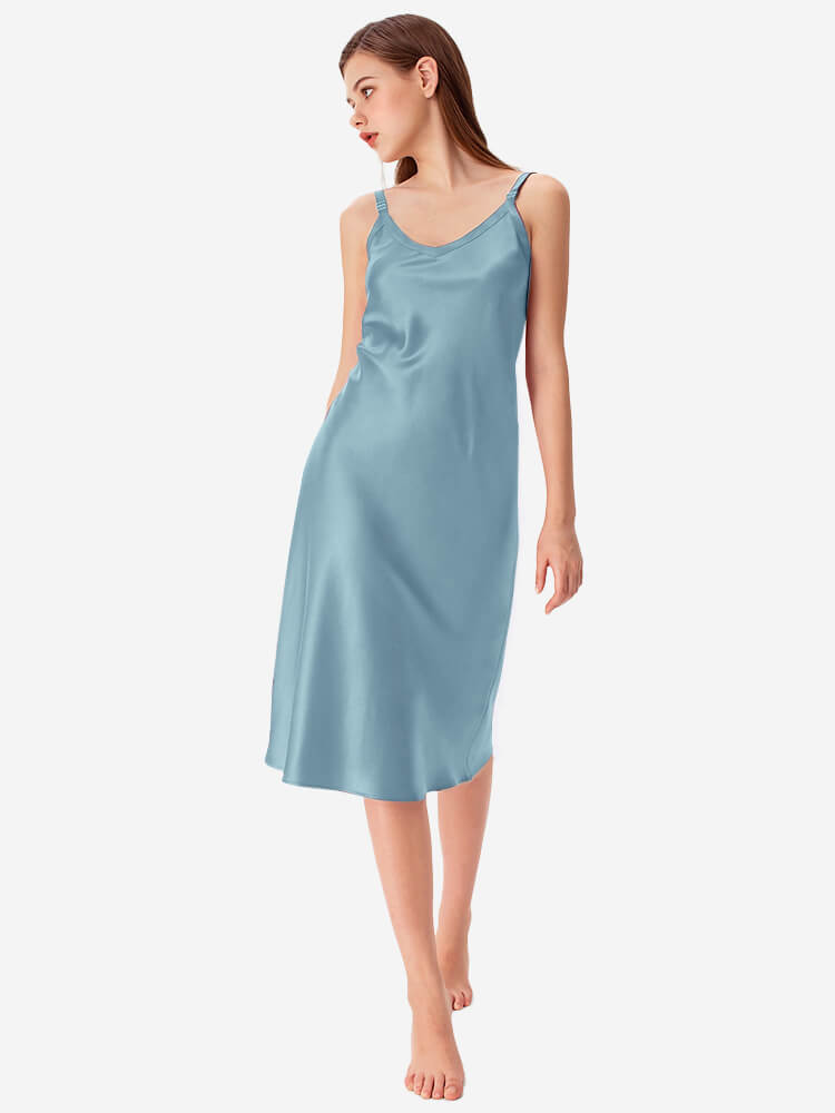 22 Momme Comfortable Wide-Strap V-Neck Midi Silk Slip Nightgown