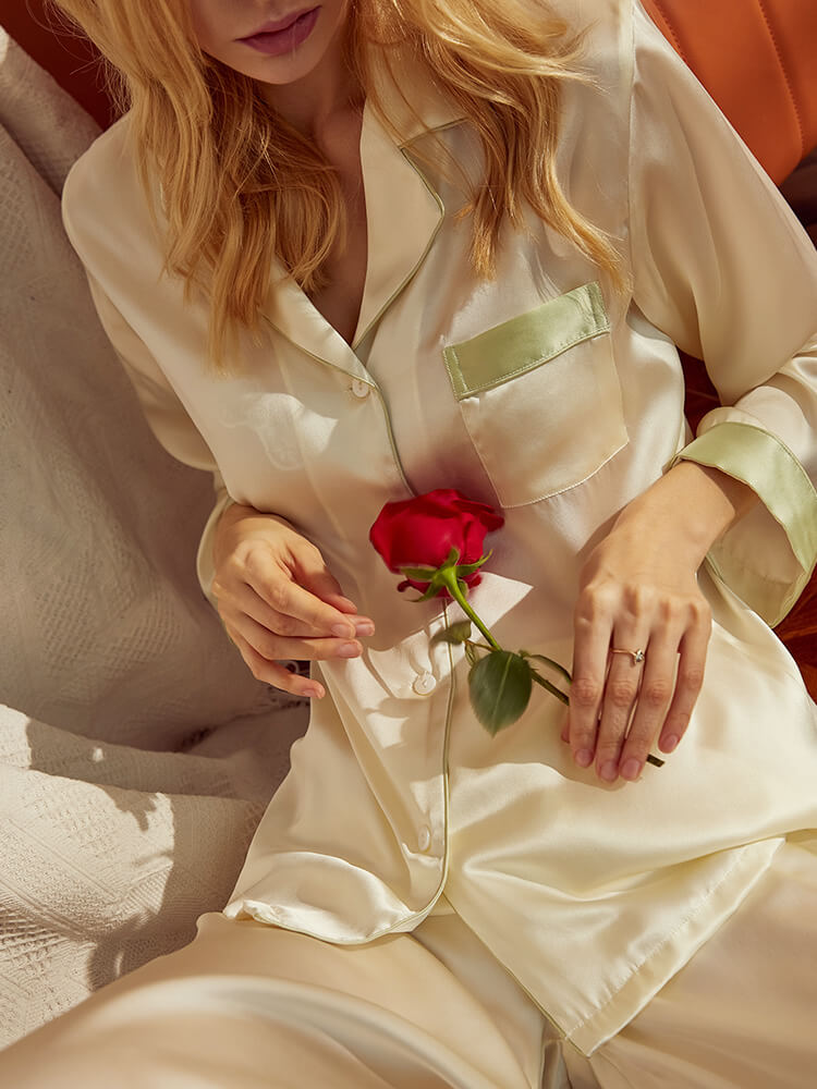 22 Momme Ivory and Sage Green Long Sleeve Button-Up Silk Pajamas