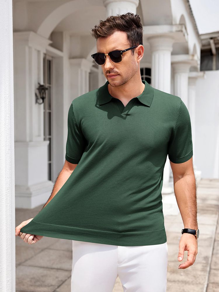Men's V Neck Short Sleeve Stretch Silk Knit Polo Shirt