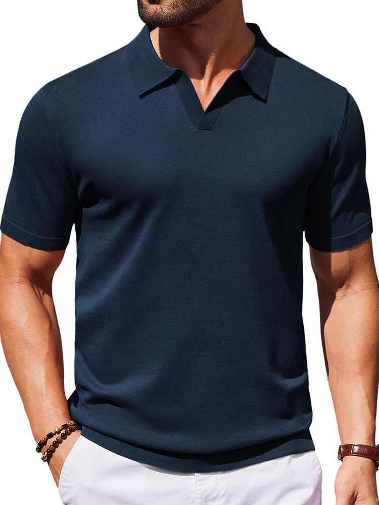 Men's V Neck Short Sleeve Stretch Silk Knit Polo Shirt