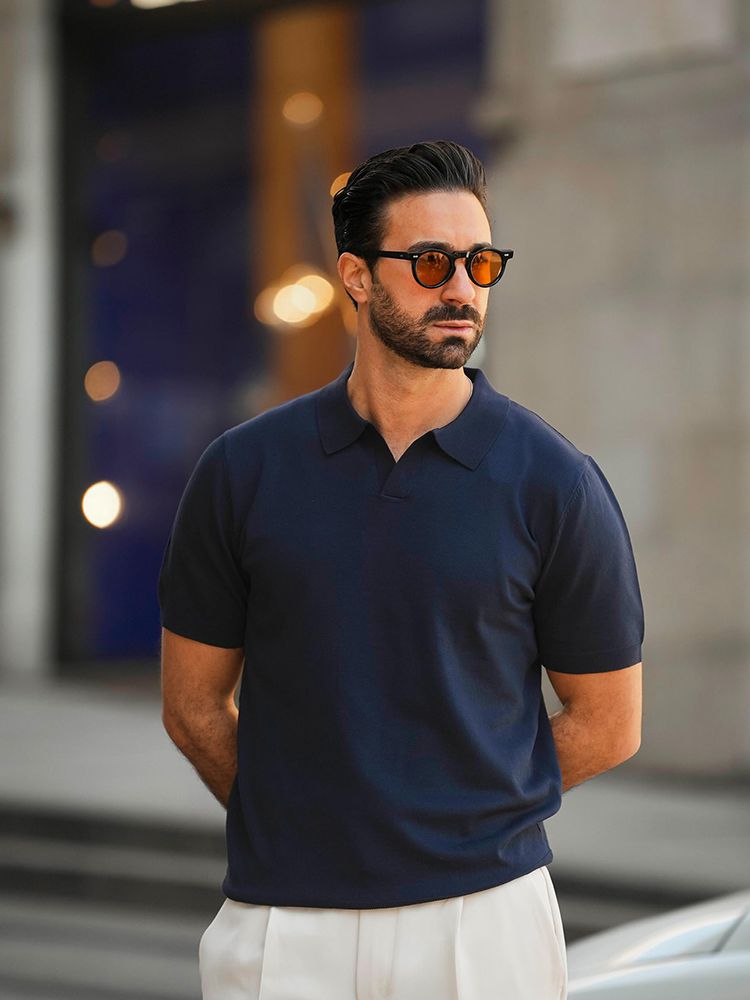 Men's V Neck Short Sleeve Stretch Silk Knit Polo Shirt