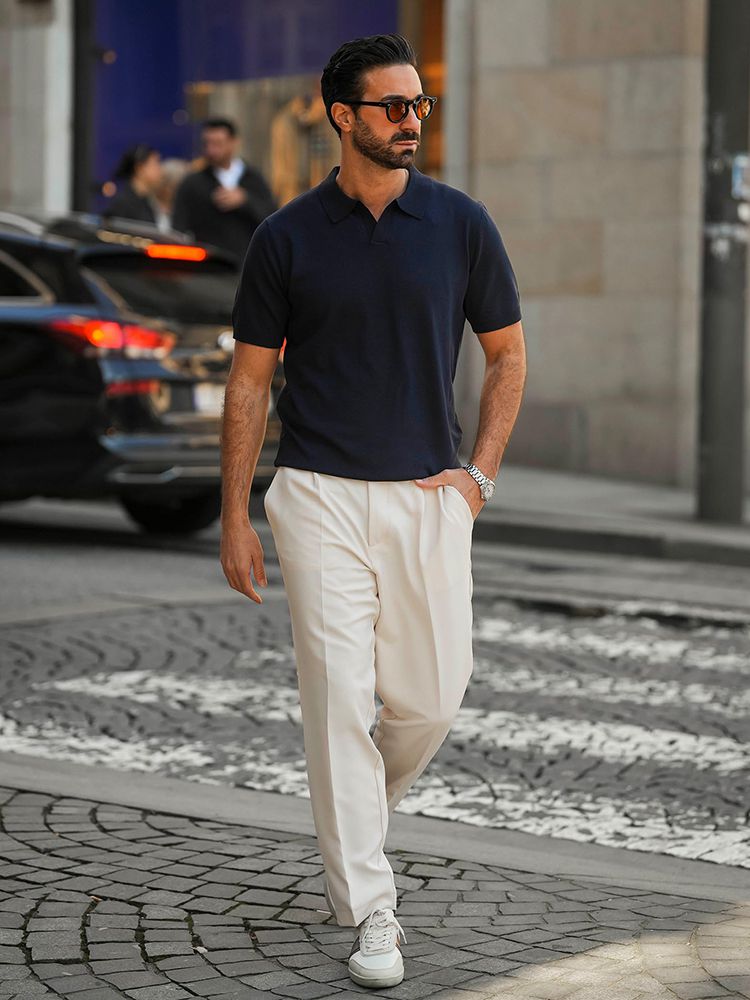 Men's V Neck Short Sleeve Stretch Silk Knit Polo Shirt