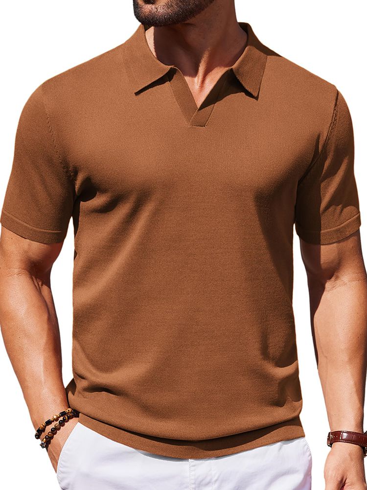 Men's V Neck Short Sleeve Stretch Silk Knit Polo Shirt