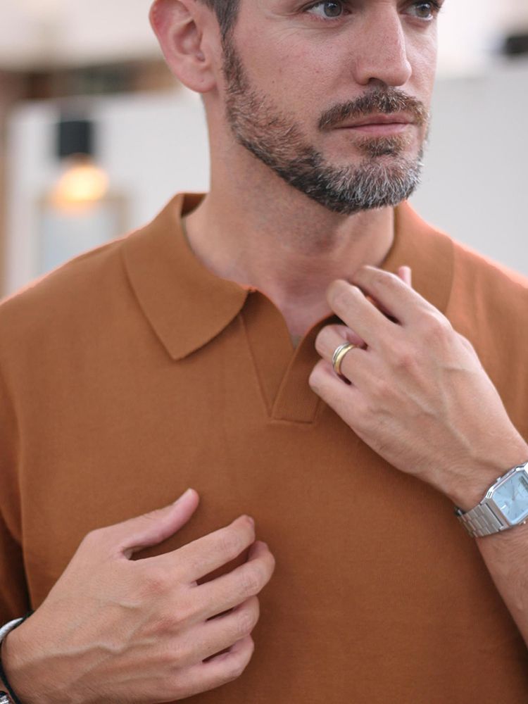 Men's V Neck Short Sleeve Stretch Silk Knit Polo Shirt