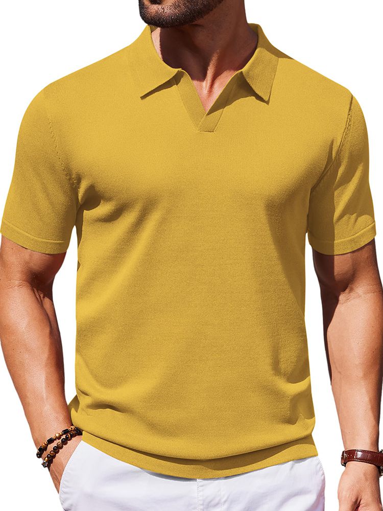 Men's V Neck Short Sleeve Stretch Silk Knit Polo Shirt