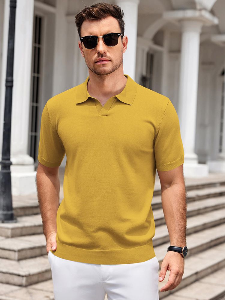Men's V Neck Short Sleeve Stretch Silk Knit Polo Shirt