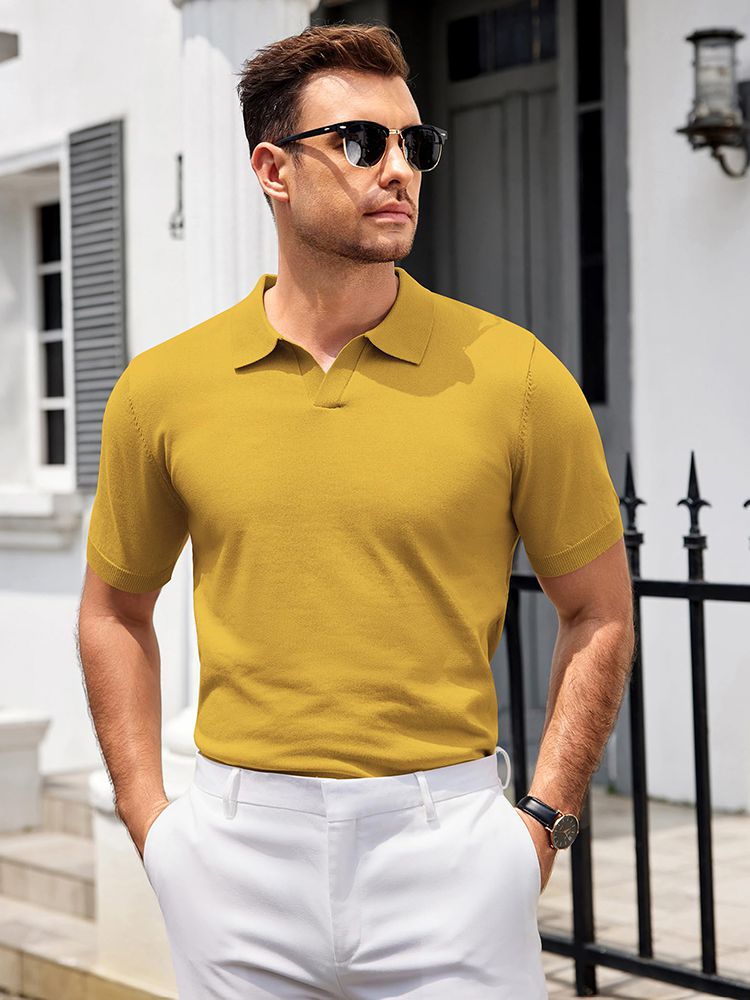 Men's V Neck Short Sleeve Stretch Silk Knit Polo Shirt