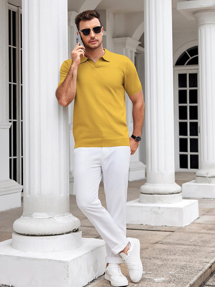 Men's V Neck Short Sleeve Stretch Silk Knit Polo Shirt