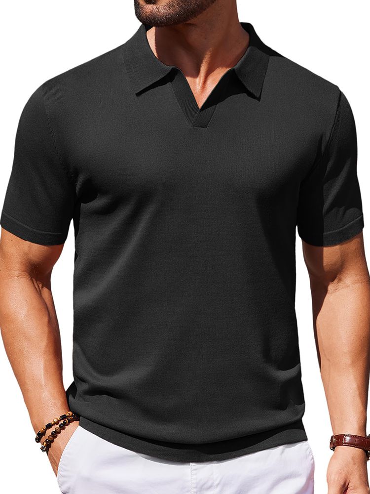 Men's V Neck Short Sleeve Stretch Silk Knit Polo Shirt