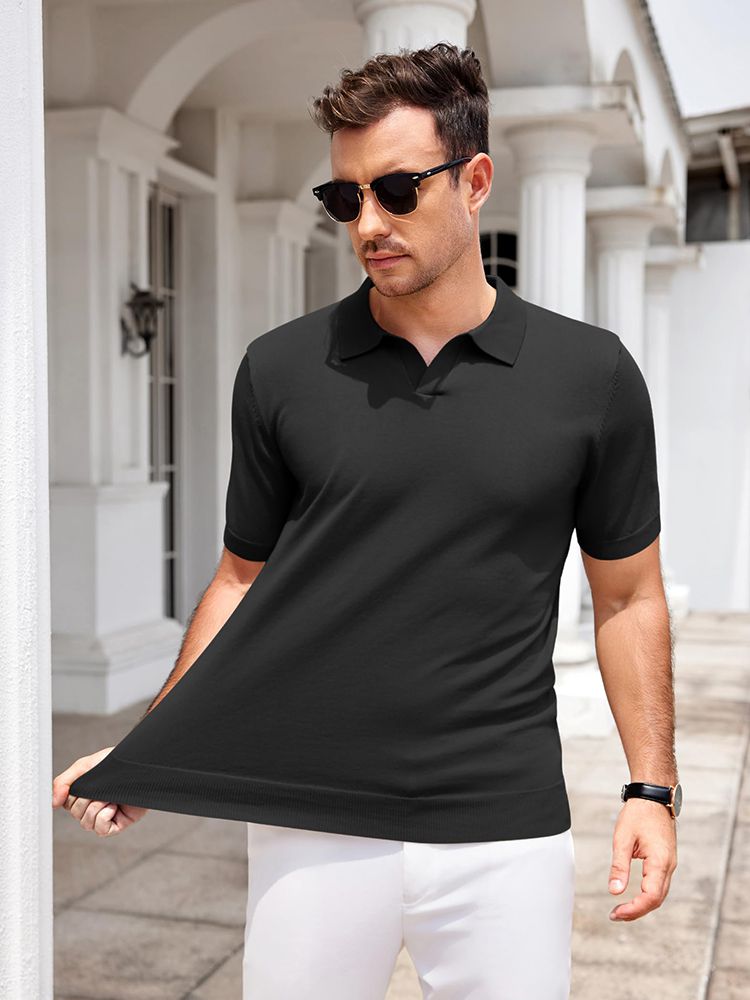 Men's V Neck Short Sleeve Stretch Silk Knit Polo Shirt