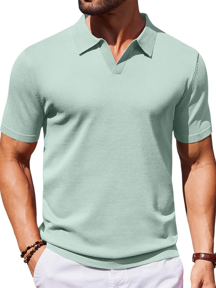 Men's V Neck Short Sleeve Stretch Silk Knit Polo Shirt